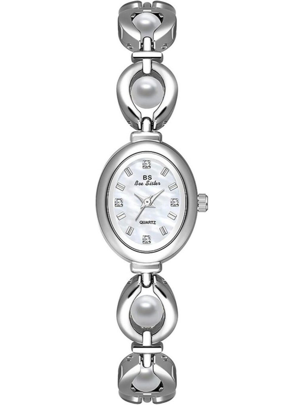 Women's Silver Elegant Pearl Dainty Oval Bracelet Quartz Vintage Wrist Watch